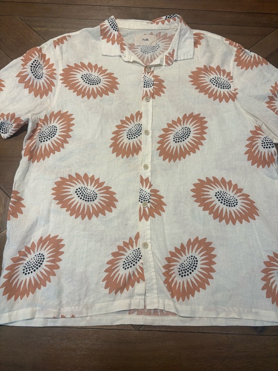 Folk Other - Folk Shirt Men Ivory Floral Linen Blend Button Up Short Sleeves Size Large